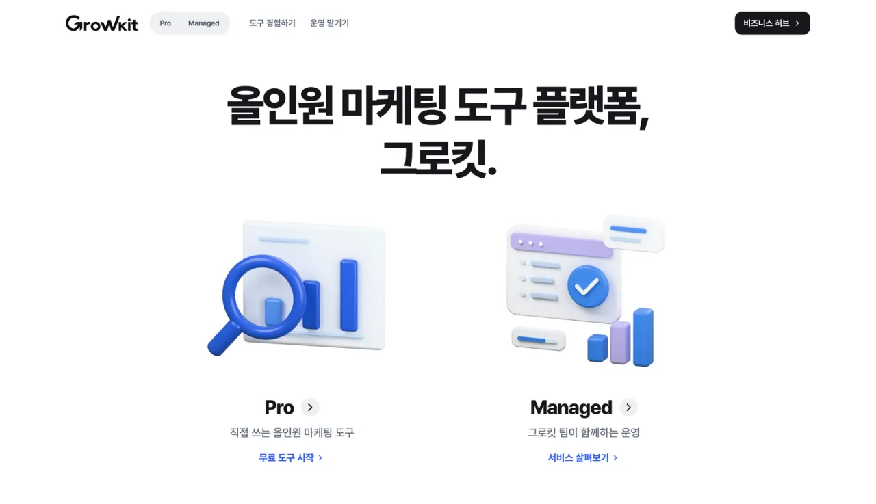 그로킷 첫 화면. 올인원 마케팅 도구 플랫폼, 그로킷. Pro와 Managed 두 갈래
