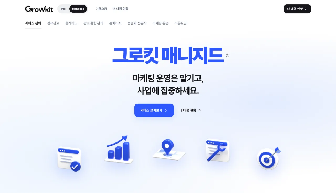 그로킷 매니지드 첫 화면. 마케팅 운영은 맡기고, 사업에 집중하세요