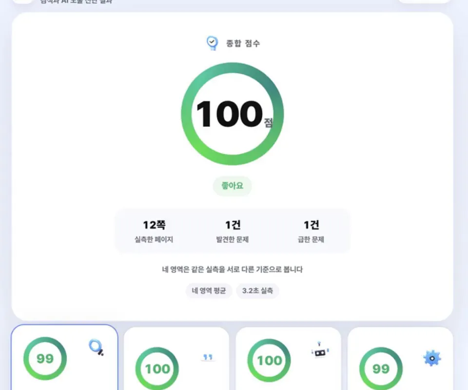 그로킷 홈페이지 최적화 진단 결과 100점 화면